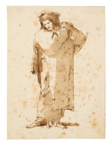 A man looking down to the left, his hands clasped to his shoulder