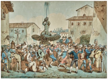 A carnival scene in Rome around Gian Lorenzo Bernini’s Triton fountain, Piazza Barberini