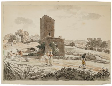 Washerwomen and other figures in a landscape with a tower near Castel Gandolfo
