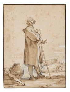 A cowherd by a milk-churn gesturing towards two cows