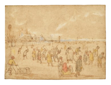 A frozen winter landscape with figures digging holes in the ice