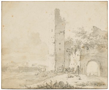 A figure with cattle and sheep by a ruined tower and archway