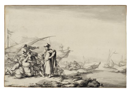 An Oriental talking to seamen awaiting a ferry