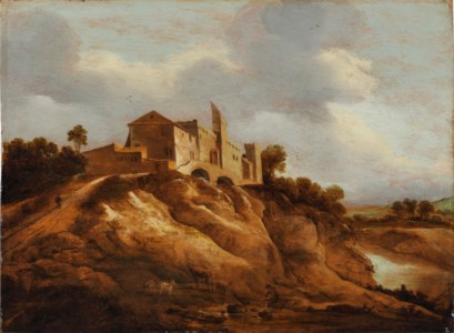 A rocky landscape with a fortified castle overlooking a river