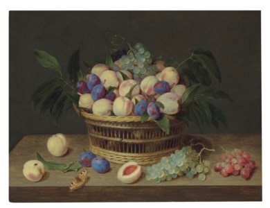 Peaches, plums and grapes in a wicker basket, with fruit and a butterfly on a wooden table
