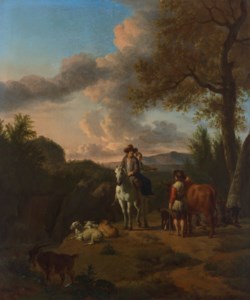 An italianate landscape with a man and a woman on a white horse, asking directions from a herder