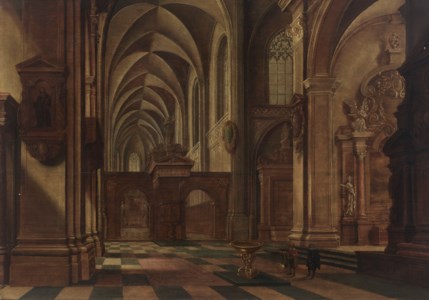 A Catholic church interior, with figures and a dog by a font in the foreground