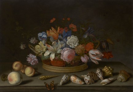 Tulips, roses and other flowers in a basket on a table, with shells, fruit, a lizard and a butterfly