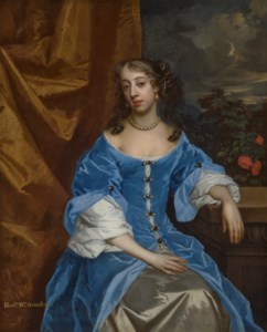 Portrait of the Honorable Mrs Grimston, née Finch, afterwards Lady Elizabeth Grimston (1650-1675), three-quarter-length, in a blue dress, resting her left arm on a pedestal