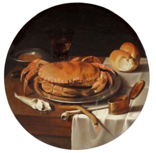 A crab, a bread roll, a roemer , a pipe and a taper on a partially draped table
