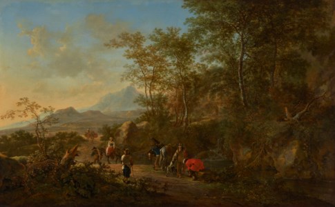 An Italianate landscape with huntsmen and villagers on a path and shepherds with their herd in the background