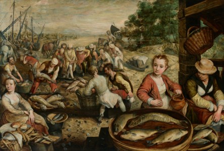 A fish market with the Antwerp harbor and the Miraculous Draught of Fishes in the distance