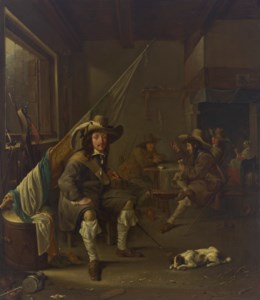 An Ensign seated in a guardroom, with officers playing at cards and a woman smoking by a chimney