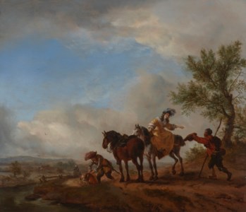 An elegant lady on horseback giving alms