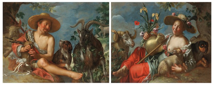 A Shepherd piping on a knoll with a dog and his flock nearby; and A Shepherdess reclining on a knoll with a lamb, a hound, and a ram