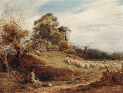 Shepherd and his collie guarding the flock