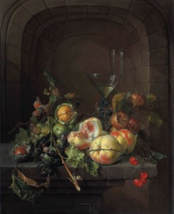 Peaches, grapes, medlars, walnuts, a hazelnut, cherries, and black raspberries with a snail, a façon de venise glass of wine, and a flute glass on a stone ledge before a niche