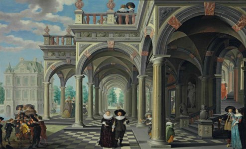 An architectural capriccio with figures promenading and boys arguing over a game of skittles