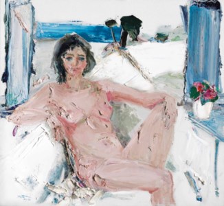Untitled (Reclining nude with blue curtains)