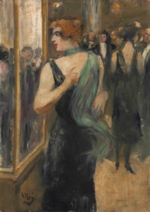 Dame in schwarzem Abendkleid mit grünem Schal