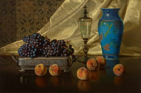 Still Life with Peaches and Grapes in Silver Dish