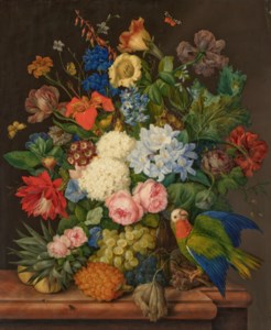 Viburnum Oculus, Roses, Plumbago, Primula Auricula, Hemerocallis, Companula, Chinadoxia and Epiphyllum on a ledge with a Pineapple and a Parrot