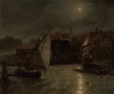 Boats on a canal, moonlight