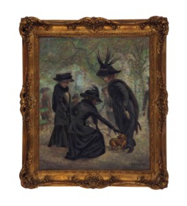 Elegant ladies in the park with a dog