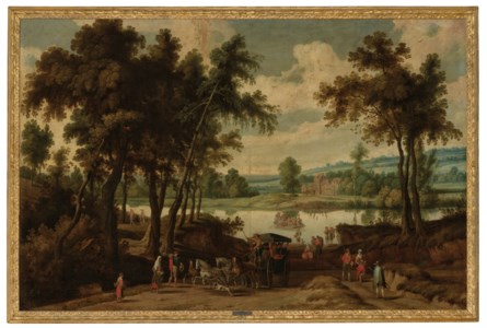 River landscape with a carriage transporting passengers and a ferry crossing