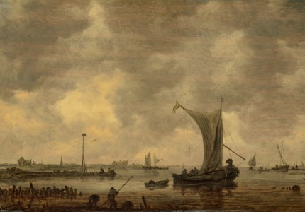 A river estuary with shipping and fishermen on the shore