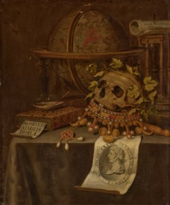 A skull atop a jewelled crown, an astrological globe, an hourglass, a book, a shell with soap bubbles and an engraved portrait of the Emperor Augustus on a draped table - a vanitas