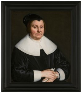 Portrait of a lady, half-length, in a black dress, with a flat collar and black cap, holding a pair of gloves