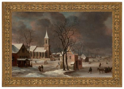 A winter landscape, with iceskaters and a church beyond