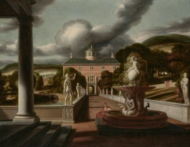 A view from a villa, with a woman seated at a fountain and an avenue of statues