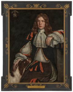 Portrait of Thomas Godfrey of Burton Aleph (d. 1690), three-quarter-length, seated, in a black coat with slashed sleeves and red ribbons, with a dog at his side