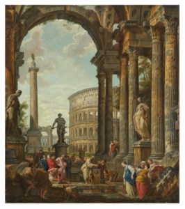 A classical capriccio with the Colosseum, Trajan's column and the Farnese Hercules, with the Philosopher Diogenes and other figures in the foreground
