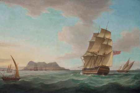 A Royal Navy Third Rate heeling in the breeze as she arrives off Gibraltar to join a Squadron of the Red lying at anchor inshore