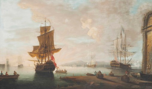 Two British men-o'war and an Admiralty yacht preparing to get underway from the port of Leghorn, with one firing a salute to announce their departure