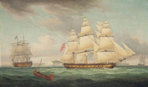 A flagship of the Blue Squadron and a merchantman in the Channel off Dover