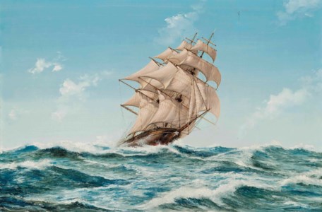 The American clipper Flying Cloud cracking along in an ocean breeze