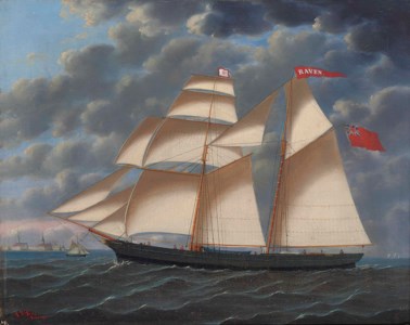 The brigantine Raven in full sail off a northern European port