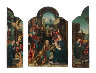 A Triptych: the central panel: The Adoration of the Magi; the left wing: The Nativity; the right wing: The Flight into Egypt