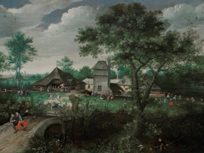 Lucas van Valckenborch I, A landscape with a peasant wedding and a village festival, Antwerp beyond
