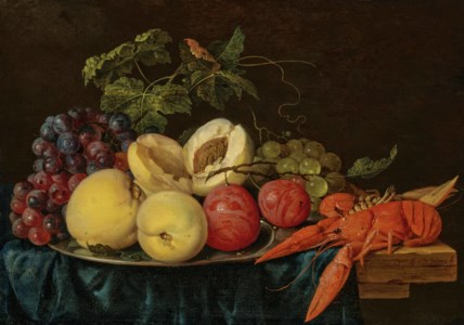 Jan Davidsz. de Heem, Fruit on a silver platter with lobsters on a partially draped table
