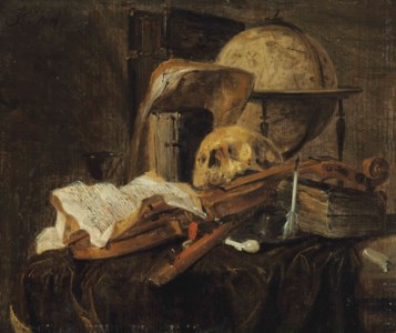 A skull, globe, pipe, quill pen, books and papers on a draped table