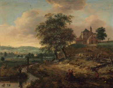A landscape with travellers on a path by a stream and a medieval church