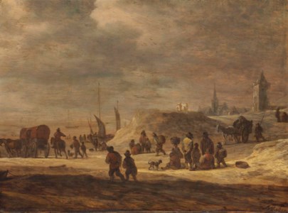 Fishermen and peasants on a beach with a village beyond