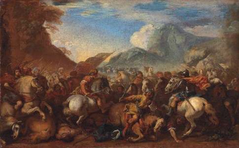 A cavalry battle scene in a mountainous landscape
