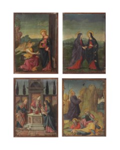 Four scenes from the New Testament: The Annunciation; The Visitation; The Circumcision; and The Agony in the Garden