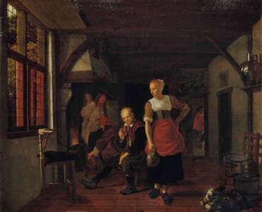 An interior with a maid holding a jug and three men beside a fire